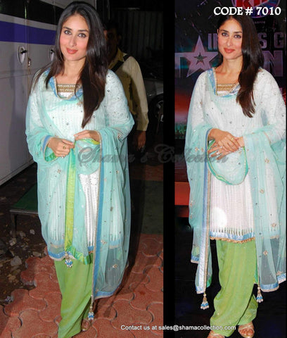 7010 Kareena Kapoor's white-green-turquoise patiala dress