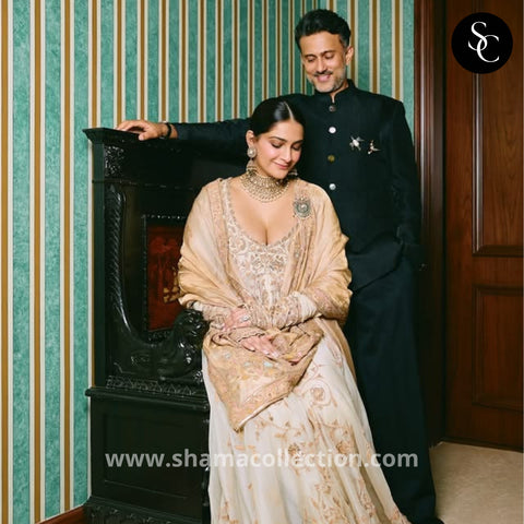 1235 Sonam Kapoor in Ivory and Golden Umbrella Dress at Anshula Kapoor's Wedding