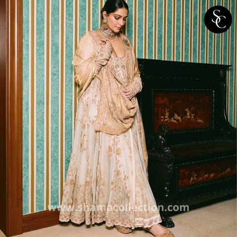 1235 Sonam Kapoor in Ivory and Golden Umbrella Dress at Anshula Kapoor's Wedding
