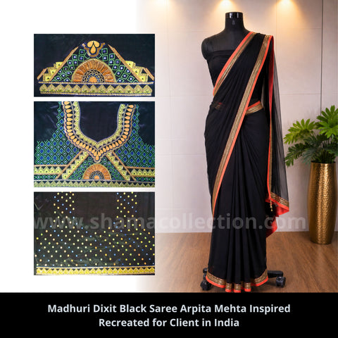 3002 Madhuri Dixit's black and neon saree outfit set