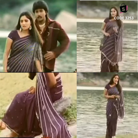 3253 Ramya's dark plum saree in  O Gunavantha Song from Jothe Jotheyali Kannada movie