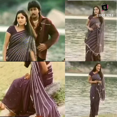 3253 Ramya's dark plum saree in  O Gunavantha Song from Jothe Jotheyali Kannada movie
