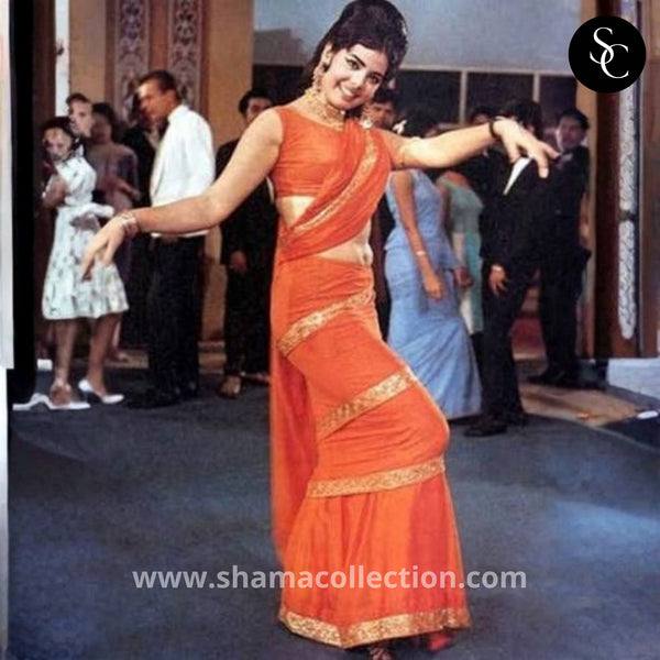 3270 Mumtaz inspired Oranage Saree in Tere mere pyar ke charche Song from Brahmachari Movie