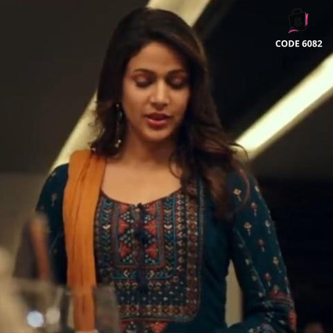 6082 Manjima Mohan's Blue and Mustard Straight fit suit set from Saahasam Swaasaga Saagipo Movie (The Way of the Dragon Movie)