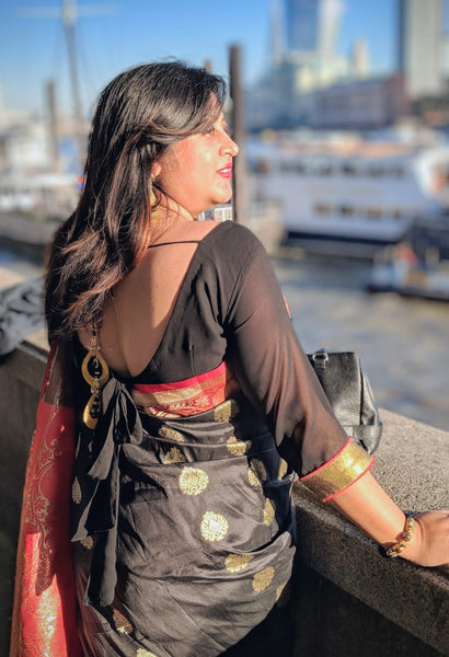 9009 Plain Black Blouse with Back Tie Bow outfit set