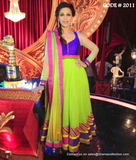 2011 Sonali Bendre's neon green-purple-rani pink anarkali Outfit Sets 2011 Sonali Bendre's neon green-purple-rani pink anarkali Outfit Sets