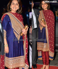 6033 Neetu Kapoor's maroon-blue straight fit chudidar dress