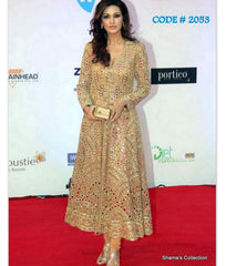 2053 Sonali Bendre's golden mirror work A-line suit