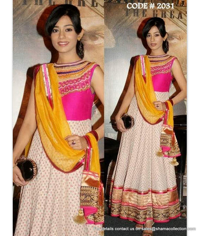2031 Amrita Rao's off white-pink-yellow anarkali Outfit Sets - Shama’s Collection