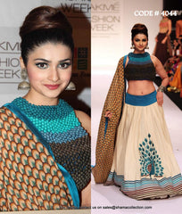 4044 Prachi Desai's off white-blue peacock lehenga