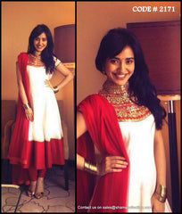 2171 Neha Sharma's white-red Cleopatra neckline anarkali