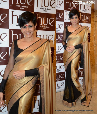 3054 Mandira Bedi's gold-black saree