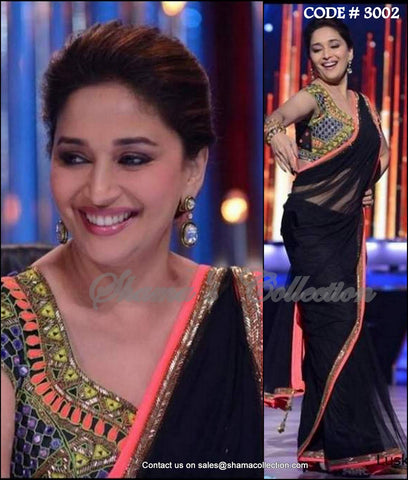 3002 Madhuri Dixit's black and neon saree outfit set - Shama’s Collection