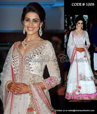 1009 Genelia D'souza's white bridal anarkali lehenga