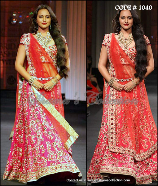 1040 Sonakshi Sinha's pink-red bridal lehenga