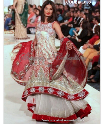 1055 Red and off white bridal anarkali lehenga