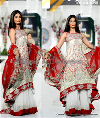 1055 Red and off white bridal anarkali lehenga