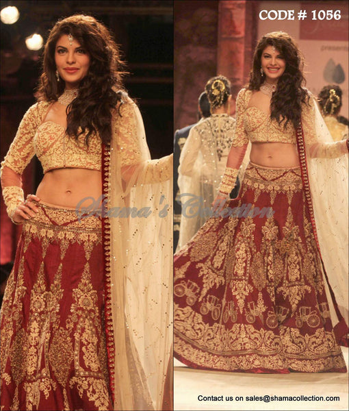 1056 Jacqueline Fernandes' beige-maroon lehenga