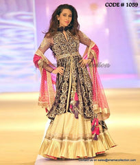 1059 Karishma Kapoor's deep purple-rani pink-golden high low anarkali lehenga