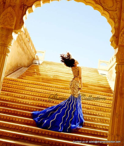 1062 Trumpet cobalt-gold bridal lehenga