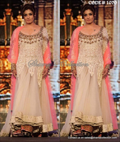 1070 Raveena Tandon's cream bridal anarkali lehenga