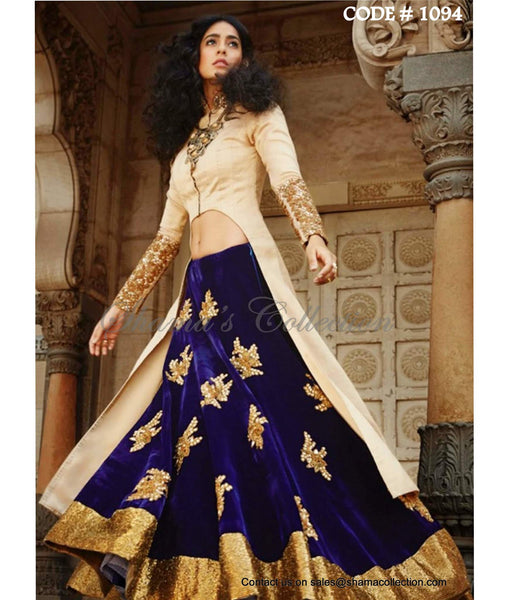 1094 Navy blue-beige bridal anarkali lehenga