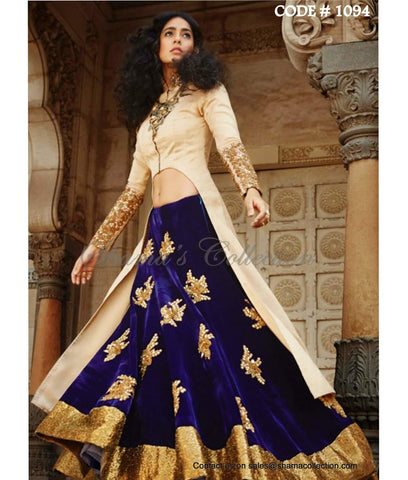 1094 Navy blue-beige bridal anarkali lehenga