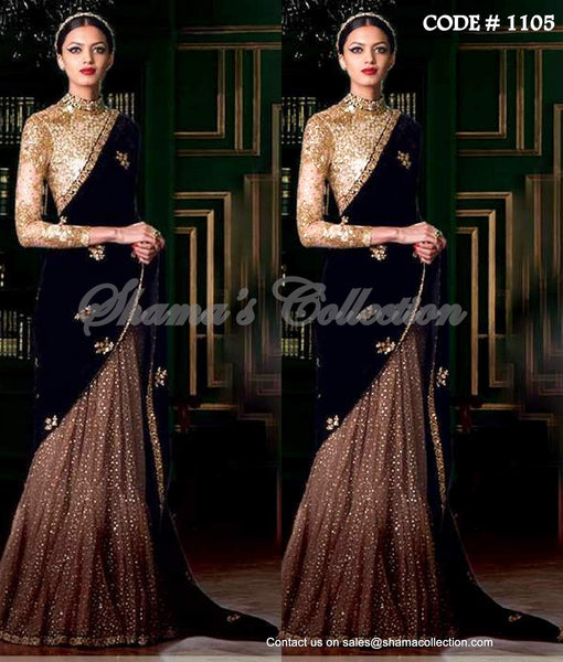 1105 Glittery Gold - Black Lehenga Saree