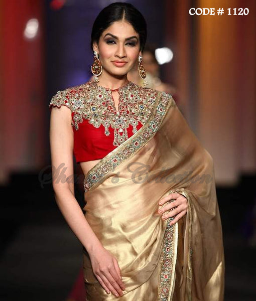 1120 Golden- red diamond studded bridal saree