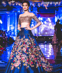 1149 Blue lehenga with copper brown off shoulder blouse