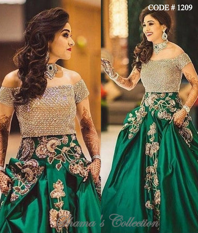 1209 Green Lengha With Golden Offshoulder Blouse