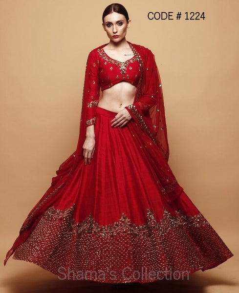 1224 Red Bridal Lengha In Raw Silk