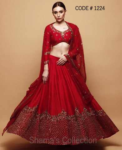 1224 Red Bridal Lengha In Raw Silk