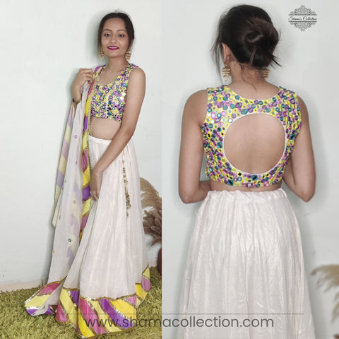 B002 Shimmer off-white and multicolor lehenga set