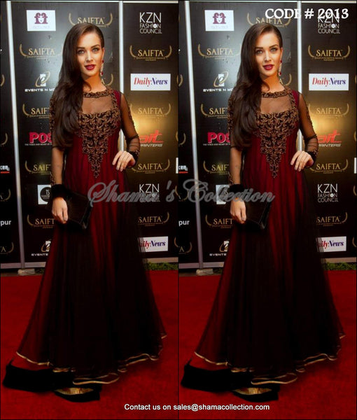 2013 Amy jackson's maroon - black anarkali gown