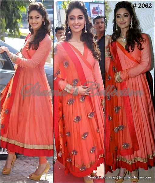 2062 Ileana D'cruz's coral-orange-red angrakha anarkali