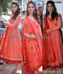 2062 Ileana D'cruz's coral-orange-red angrakha anarkali