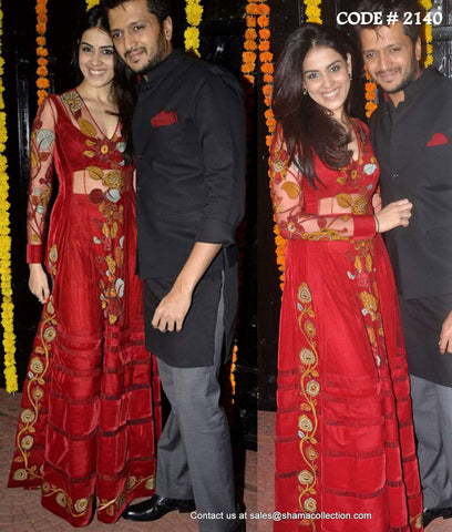 2140 Genelia D'Souza's red indowestern anarkali frock