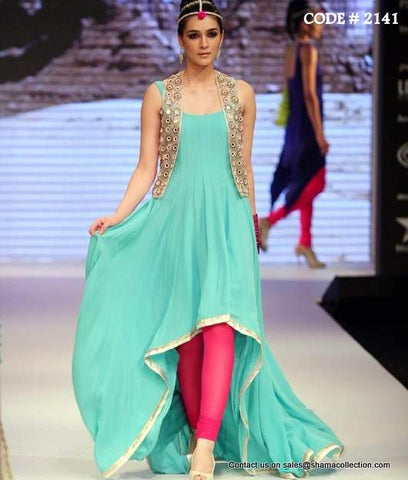 2141 Sea green-pink fishtail anarkali