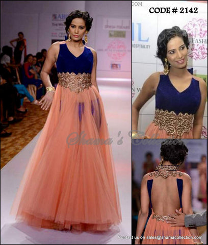 2142 Poonam Pandey's peach-deep blue anarkali gown