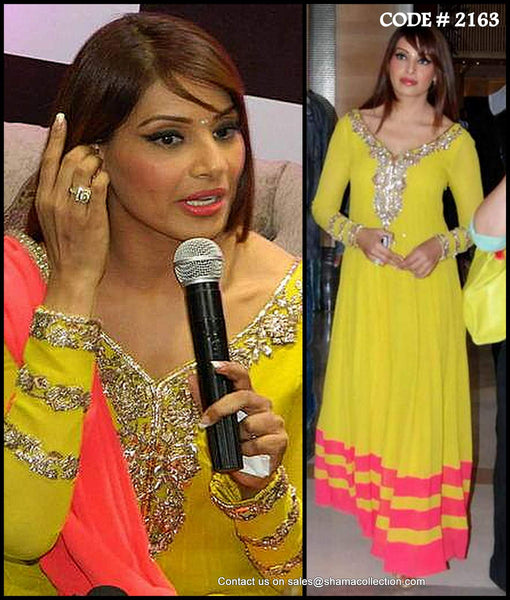2163 Bipasha Basu's neon yellow-orange anarkali gown