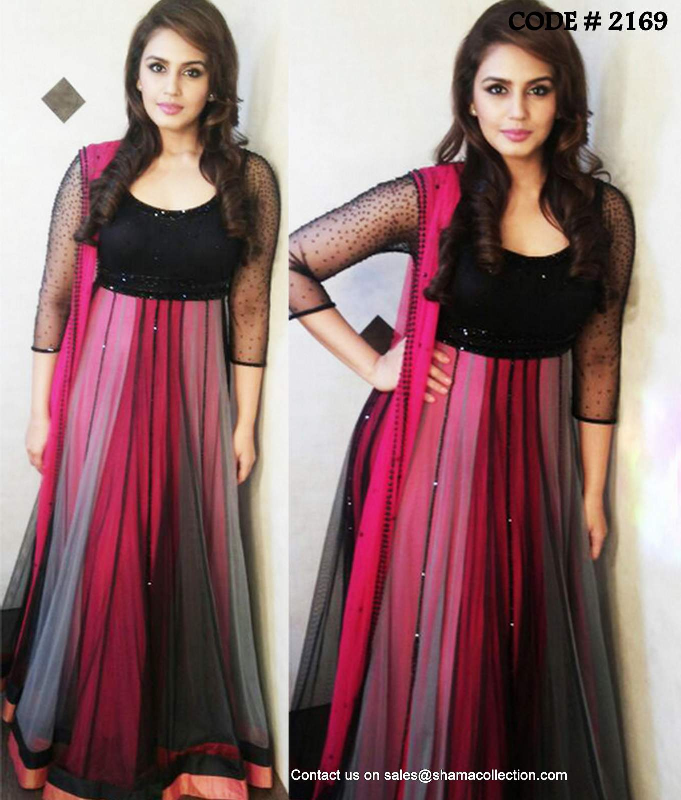 2169 Huma Qureshi's Pink-Black Anarkali Gown Outfit Sets 2169 Huma Qureshi's Pink-Black Anarkali Gown Outfit Sets