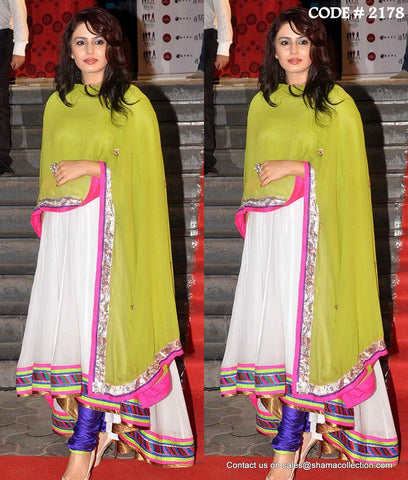 2178 Huma Qureshi's white-colorful high low anarkali