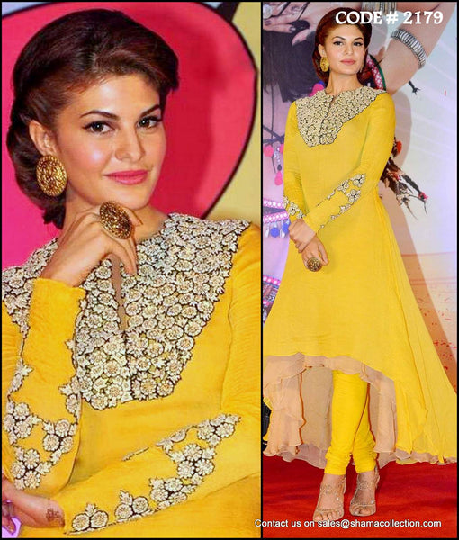 2179 Jacqueline Fernandes' yellow high-low umbrella dress