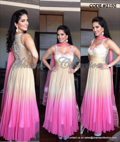 2192 Sunny Leone's beige and pink pleated anarkali