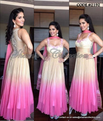 2192 Sunny Leone's beige and pink pleated anarkali