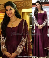 2197 Nargis Fakhri's wine anarkali gown