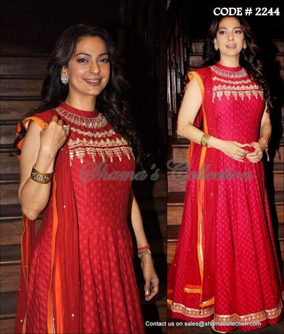 2244 Juhi Chawla's Cleopatra neckline red anarkali