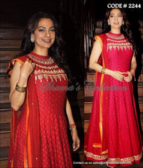 2244 Juhi Chawla's Cleopatra neckline red anarkali