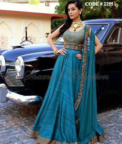 2295 Amrita Rao's blue drapped and cutout floor length anarkali